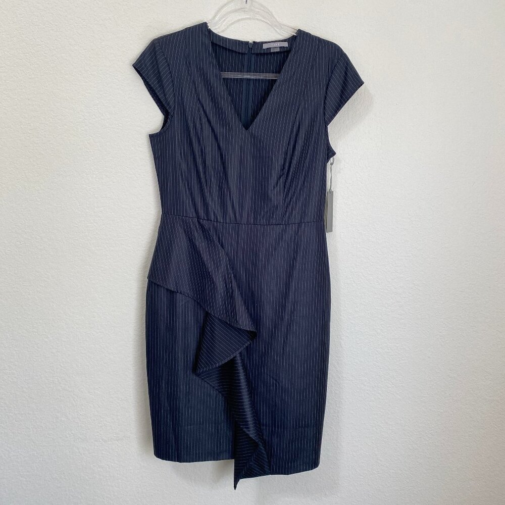 Tart Navy White Pinstripe Cap Sleeve Ruffle Sheath Dress Medium